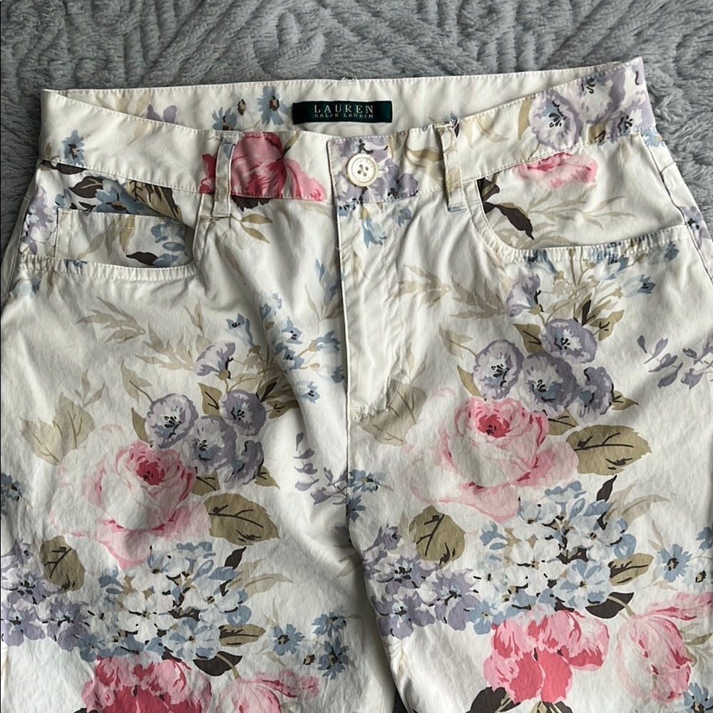 RALPH LAUREN cotton Floral Print cropped capri Pants 4 COQUETTE petal pink prep - Picture 6 of 10